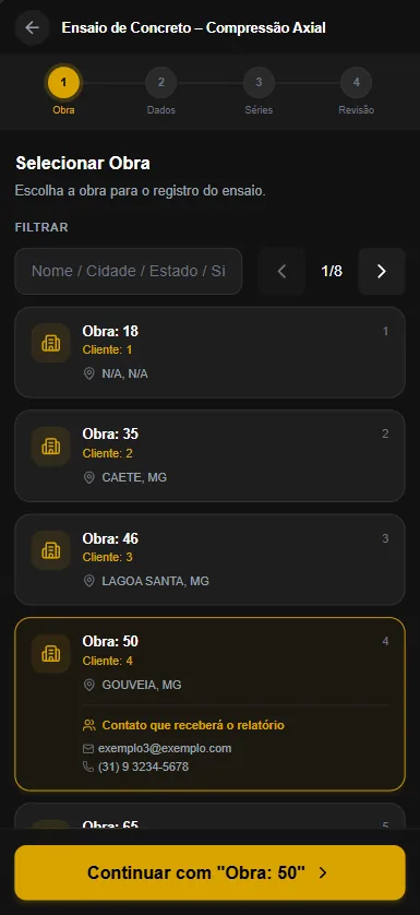 Seeng mobile app step one of four: choosing the construction site for a test.