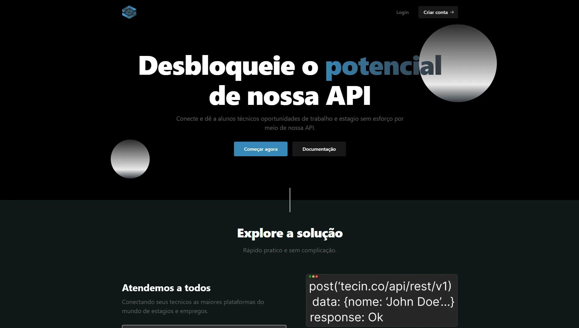 Techinitials website hero: unlock the potential of our API.